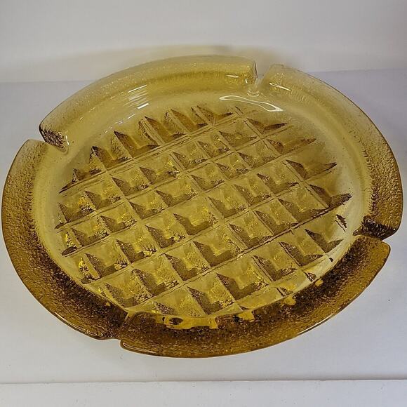 MCM 11" Amber Glass Blenko Waffle Textured Pattern Ex-Large Ashtray Nearly 6 lbs